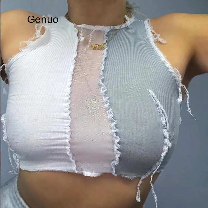 

Женский прозрачный укороченный топ без рукавов, сетчатые дизайнерские майки в стиле пэчворк, Уличная Повседневная одежда в стиле панк, женс...