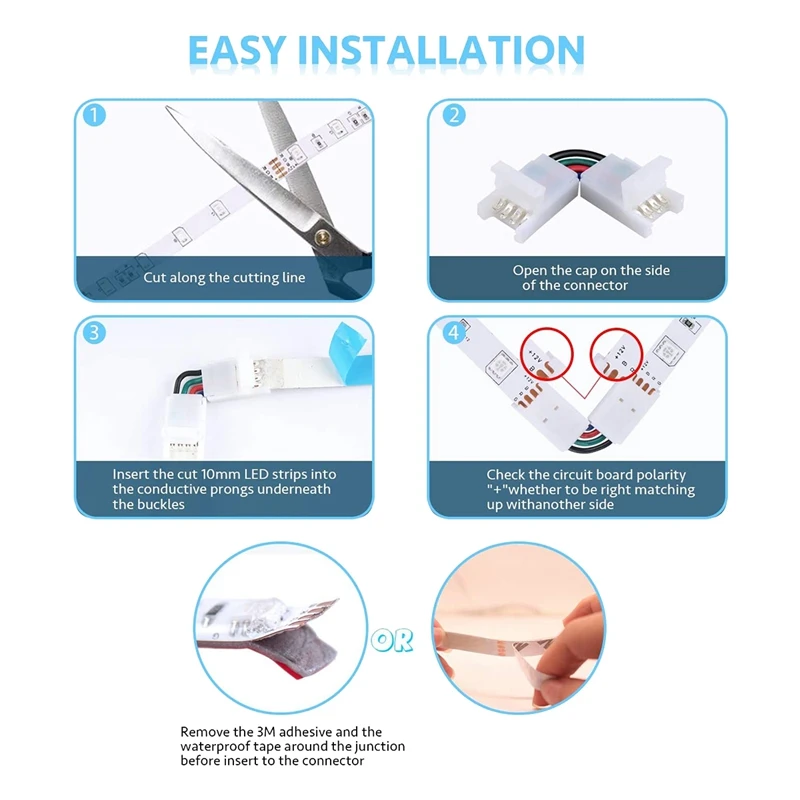 

L Shape 4-Pin LED Strip Connectors Angle Adjustable(90-180 Degrees) for 10mm Width 5050 RGB LED Strip Lights(10 Pcs)