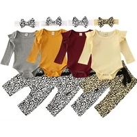 newborn infant baby boy girl autumn solid knit long sleeve romper leopard print pants headband outfits 3pcs clothes sets