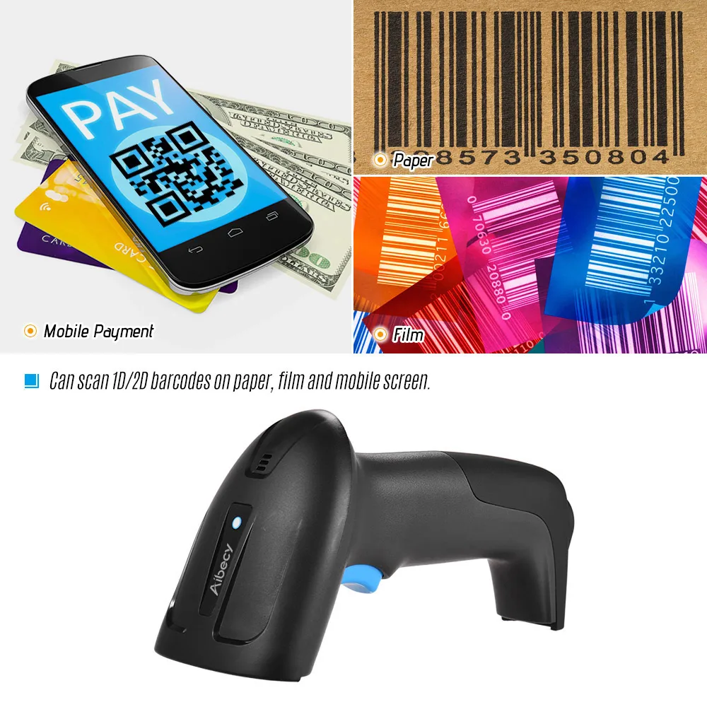 Aibecy 2-in-1 2.4G Wireless & Wired USB Barcode Scanner 1D 2D Bar Code Reader with Receiver Cable Plug and Play Rechargeable |