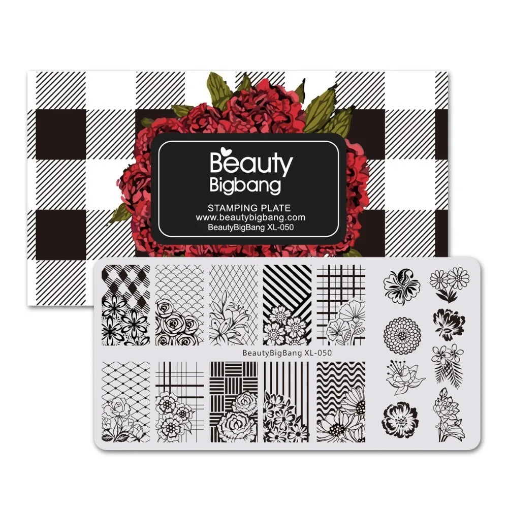 

BeautyBigBang 6*12cm Nail Stamping Plates Rectangle Flower Grid Plaid Geometric Image Print Stencil Nail Template