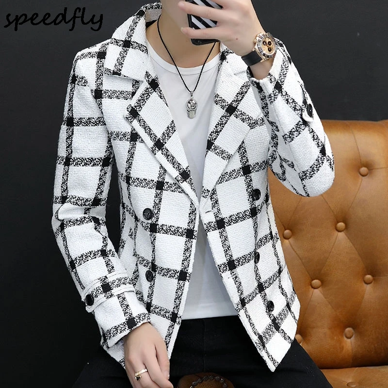 

Plaid Woven Tweed Woolen Blazer Autumn Winter Double-breasted with Buttons Shawl Collar Coat Clothes Women Jackets 2021