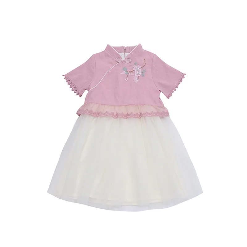 

Girls Hanfu New Style Chinese Summer Dresses For Girls Short Sleeve Embroidered Lace Clothes Ancient Princess Costume DQL2388