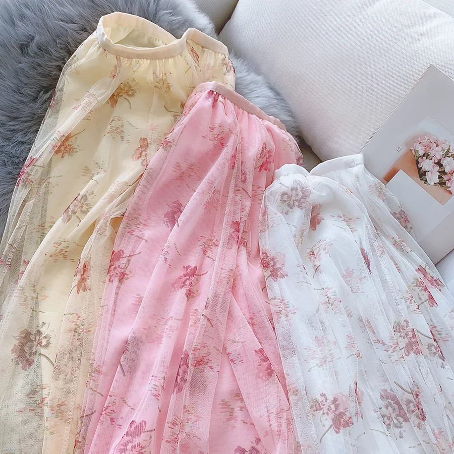 REALEFT новые весенне летние сетчатые юбки трапециевидной формы с цветочным принтом