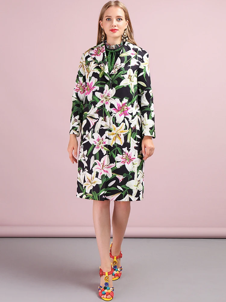 LD LINDA DELLA Autumn Winter Outwear Women's Coats Long Sleeve Floral Printed Button Beading Elegant Vintage Ladies Overcoat