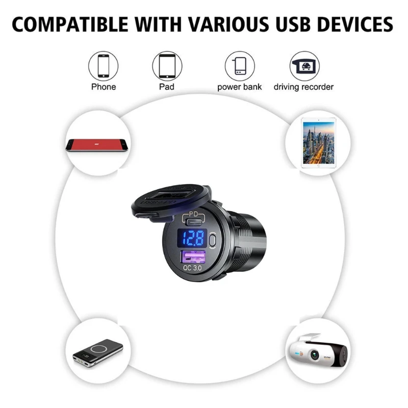 Водонепроницаемый Тип C PD QC3.0 USB 12V автомобильный адаптер для быстрого