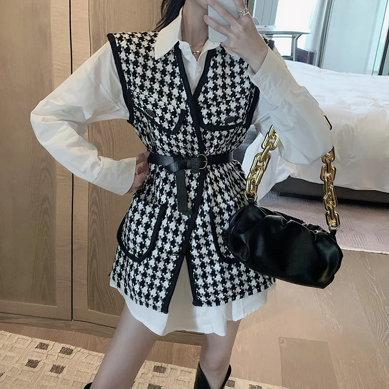 

Autumn New Suit Solid Color Simple Women Blouse + Chic Sashes Slim Waist Plaid Panelled Patchwork Vest Coats 2 Piece Set