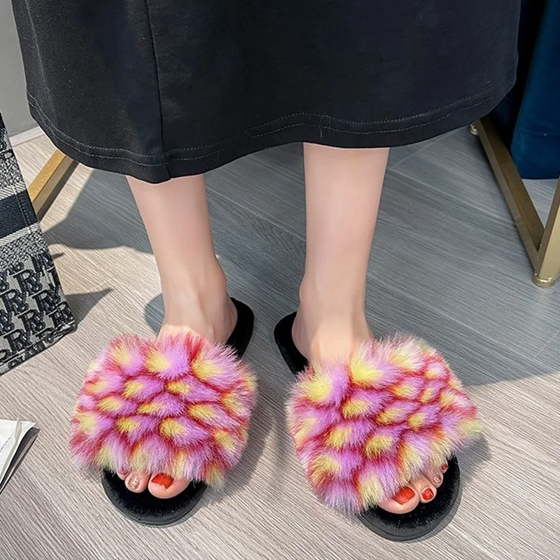 

Тапочки женские из искусственного меха, плюшевая обувь, открытый носок, теплые домашние комнатные пушистые тапочки для спальни, Осень-зима