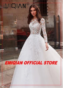 Женское свадебное платье с круглым вырезом, длинным рукавом и шлейфом