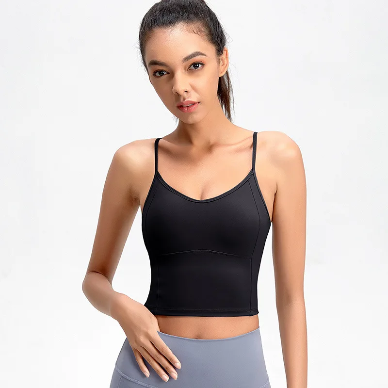 

Women Sexy Adjustable Fine Shoulder Strap Yoga Vest With Pad Stretch Tight Running Sports Vest Quick-Drying Dance Training Top