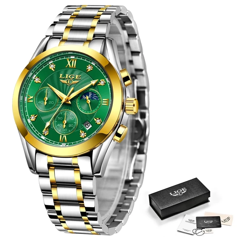 

LIGE 2021 Women Watches Japan Quartz Movement High Quality Women Stainless Steel Gold Green fashion Waterproof Ladies Watch