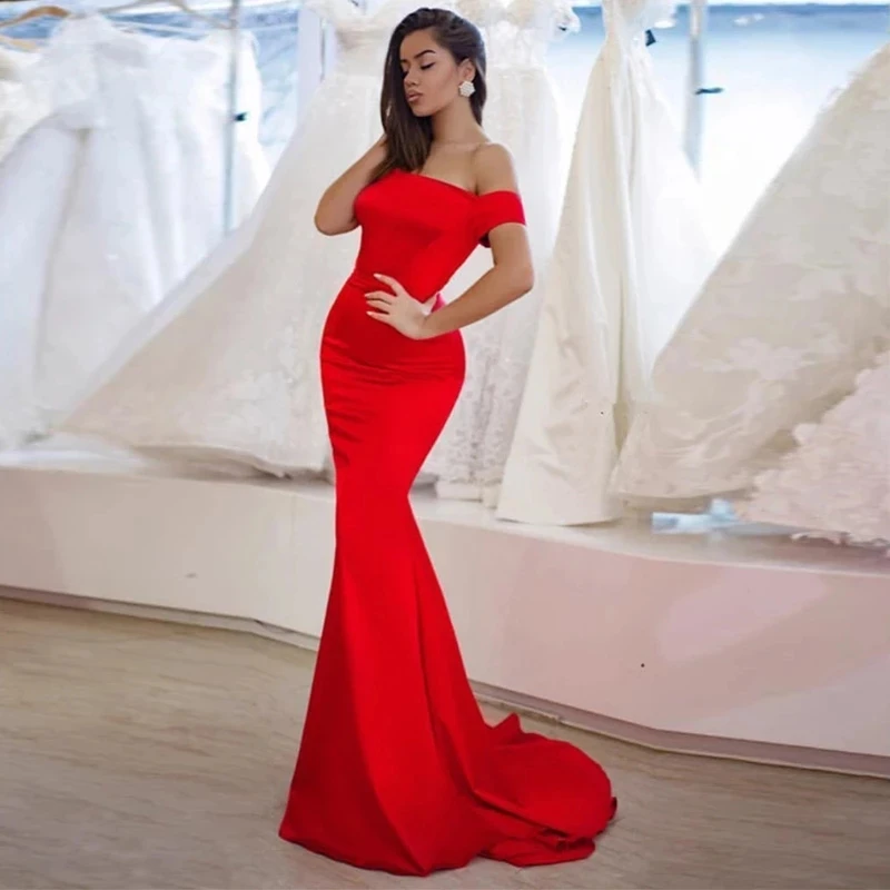 

Red horizontal neck Evening Dresses Off-the-shoulder Mermaid / Trumpet Party Gowns Sweep/Brush Sleeveless Fashion Party Dresses