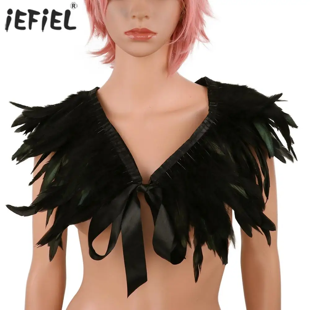 

Gothic Collar Cape Victorian Real Natural Feather Shrug Shawl Shoulder Wrap Party with Ribbon Ties Cosplay Costume Accessories