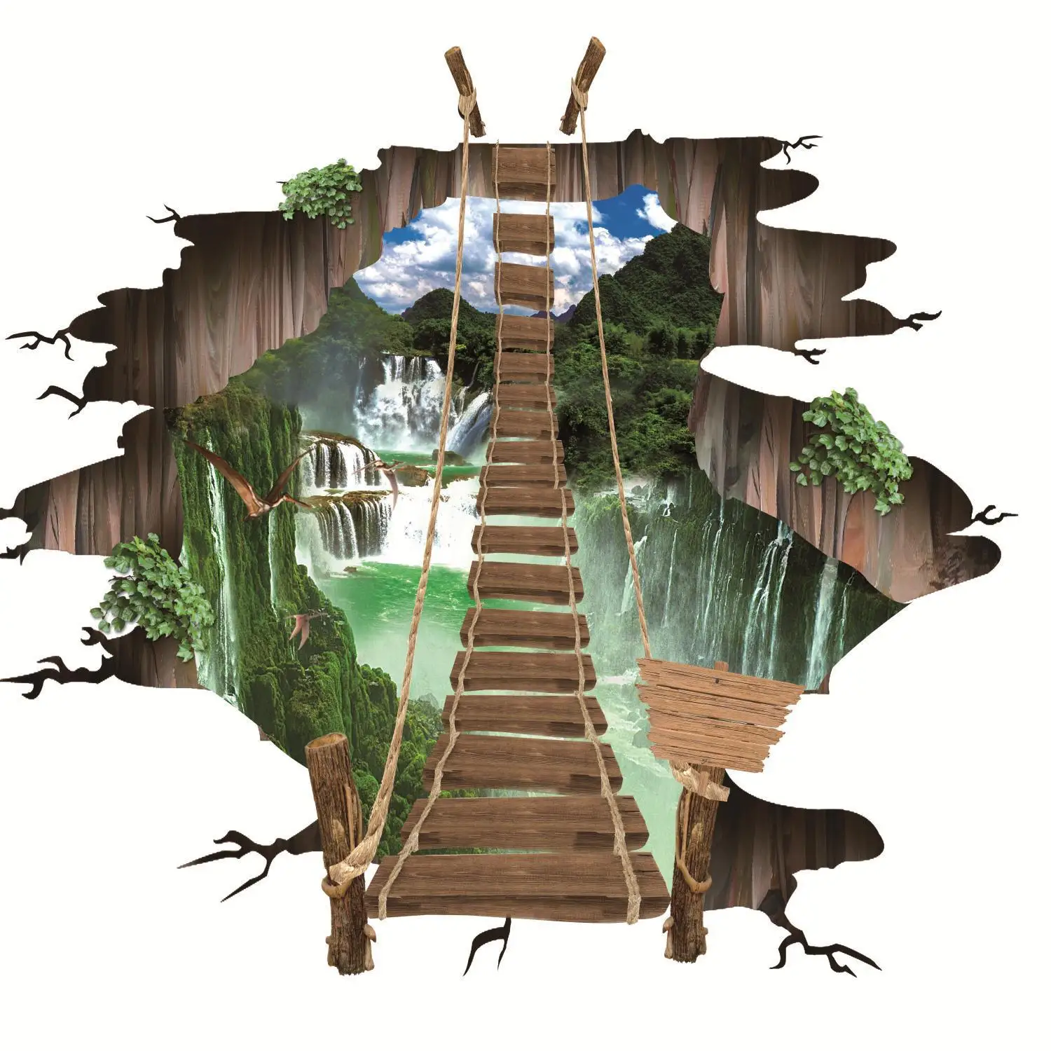 

New 3D suspension bridge, broken bridge, broken bridge, wall sticker, living room, shopping mall, Plaza, amusement park
