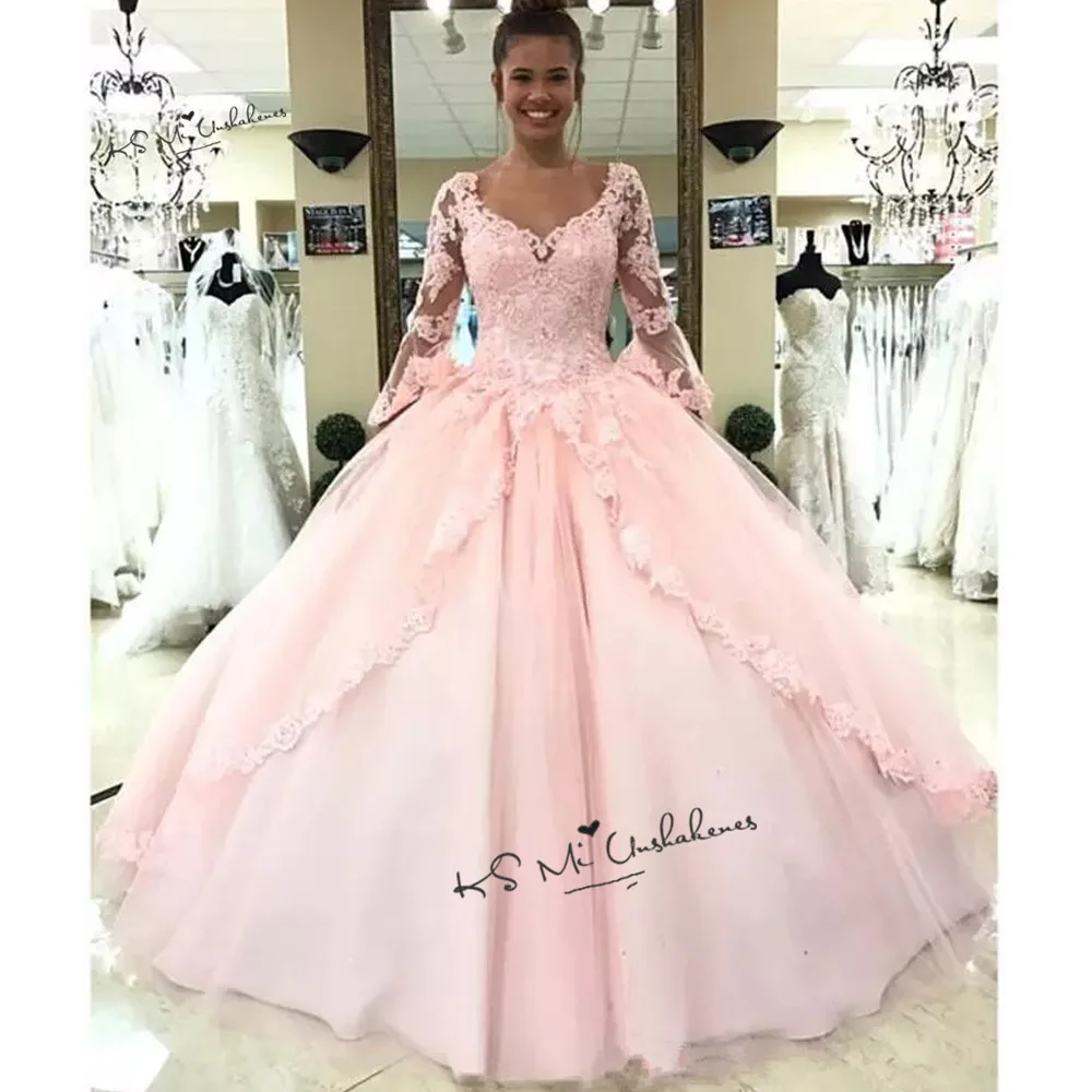 Sweet 16 Dresses Long Sleeve Lace Cheap Quinceanera Dresses 2020 Vestido de Debutante Para 15 anos Pink Ball Gowns Dress for 15