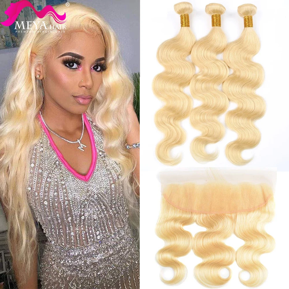 

613 Honey Blonde Brazilian Body Wave Human Hair 13x4 Lace Frontal Closure with Bundles Human Hair Weaves Bundles with Frontal