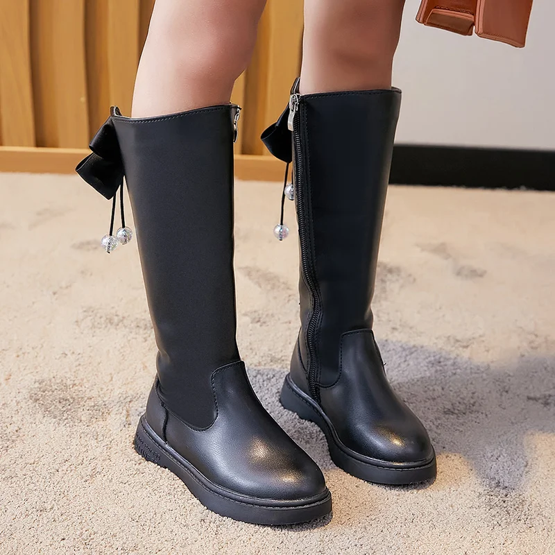 

Girls Boots 2021 New Children's Bowknot Little Girl Boots Leather Princess High Boots Winter Single Shoes Black Flats Boot
