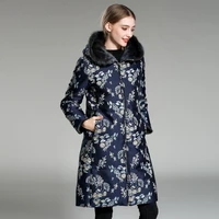 fashion new winter hooded parkas women long rabbit liner down navy blue flower print warm thick 2xl real fur coats and jackets