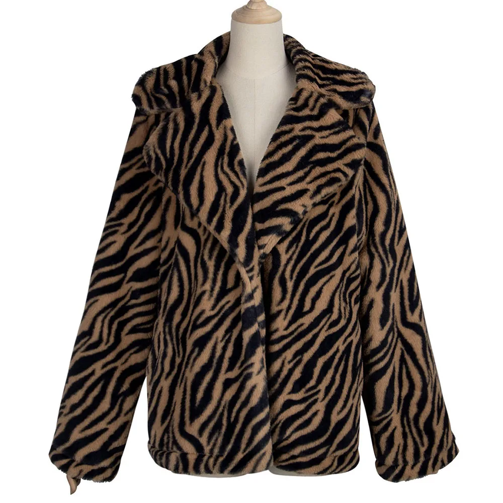 SEBOWEL Fashion Design Tiger Print Faux Fur Overcoat Women Winter Long Sleeve Female Animal Pattern Warm Cardigan Coat S-XL