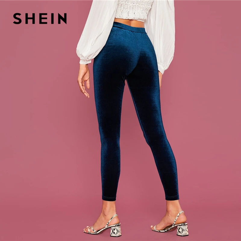 SHEIN abaya темно-синие бархатные укороченные Леггинсы с эластичной талией женские осенние зимние эластичные однотонные Гламурные леггинсы со средней талией