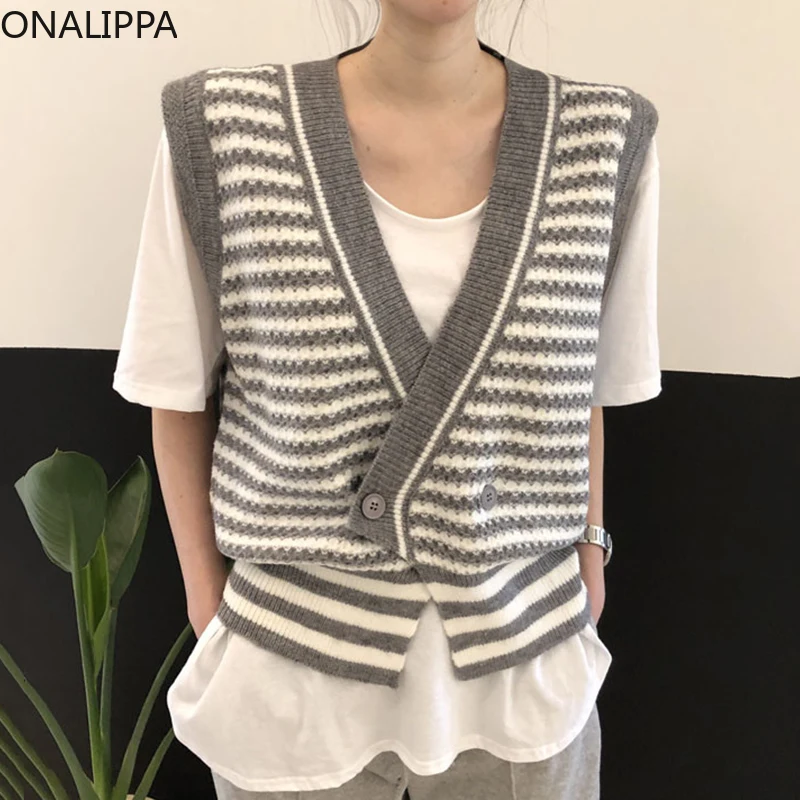 

ONALIPPA Women V-Neck Sweater Vest 2021 Autumn French Contrast Color Stripe Two Buttons Design Loose Casual Sleeveless Cardigan