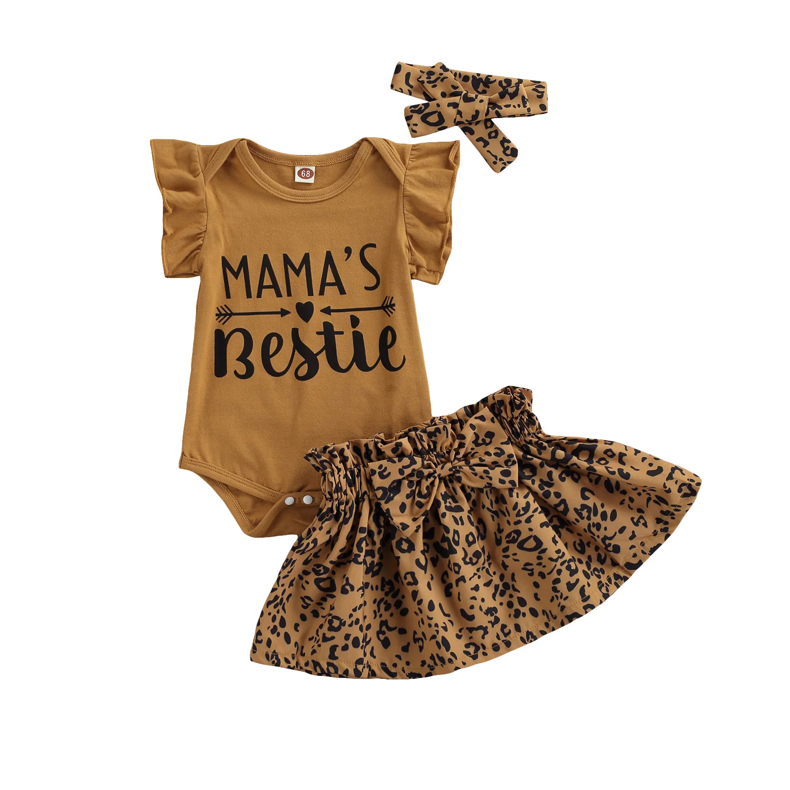 

3Pcs Fashionable Little Girls Outfit, Round Collar Fly Sleeve Letter Printing Romper + Leopard Print Short Skirt + Headwear