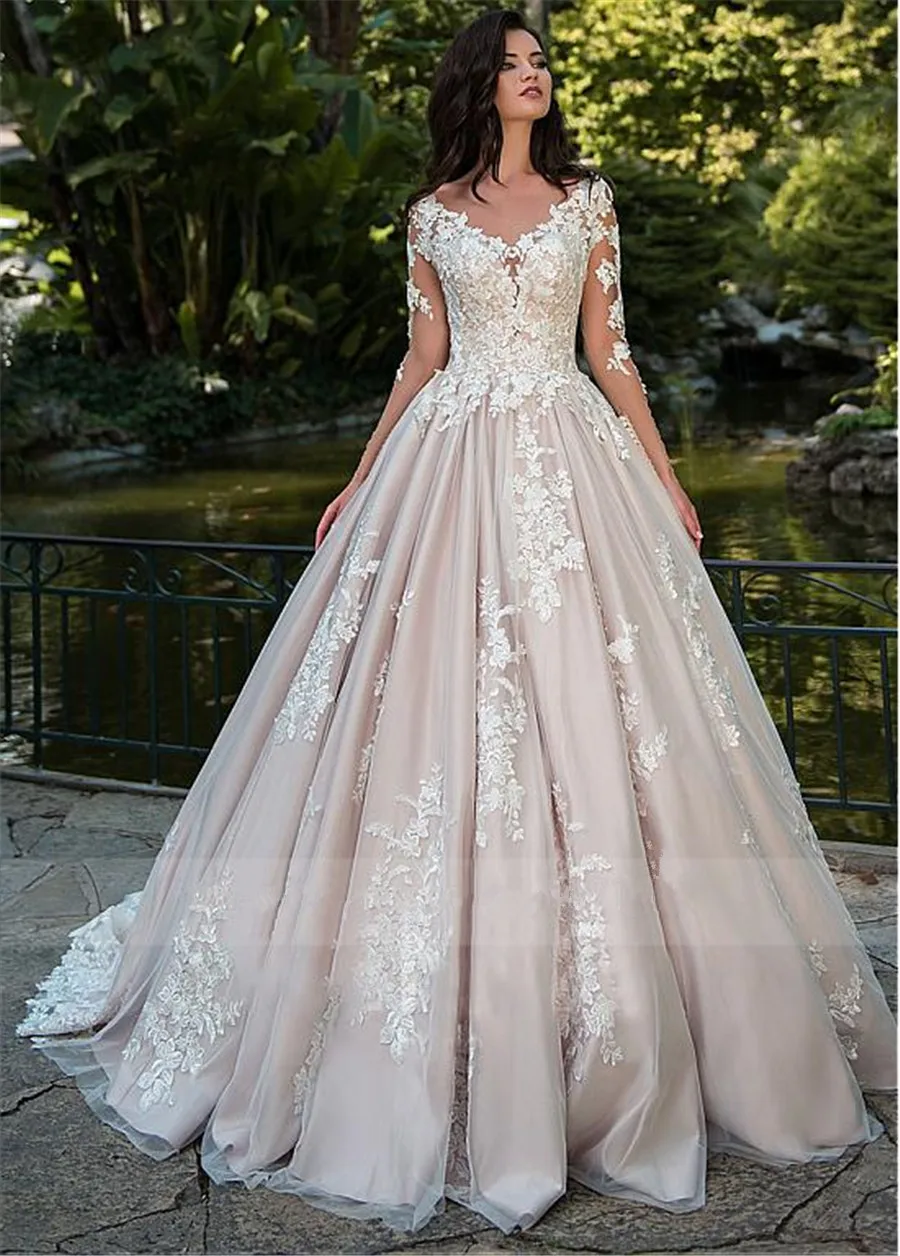 

Long Sleeve Wedding Dresses 2021 A-line V-neck Bridal Gowns with Lace Appliques Princess Vestido De Noiva Robe De Mariee