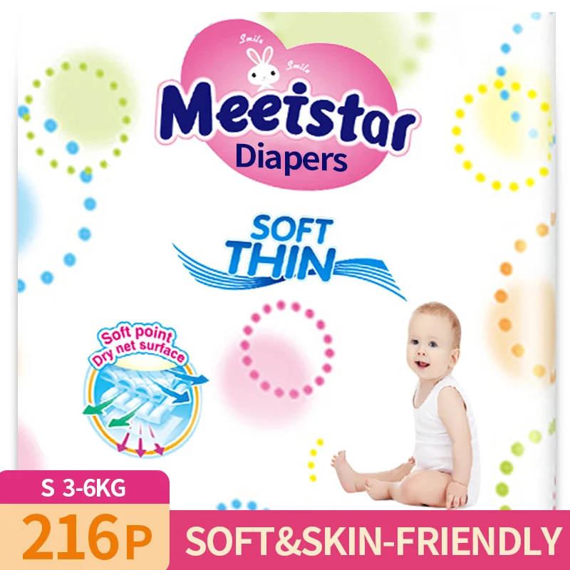 

Meeistar Disposable Baby Diapers 216 PCS, S Size, 3-6 Kg, Unisex Ultra-Thin