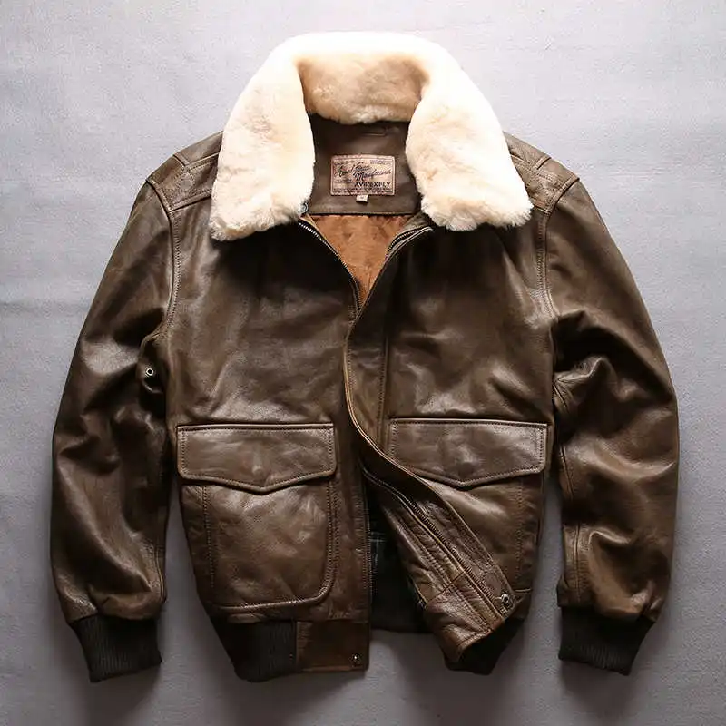 

2021 militaly Genuine Leather jacket Men Bomber Jacket real Fur Collar Cowskin Casual Air Force Flight Jacke Vintage Winter Coat