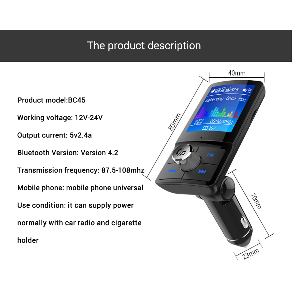 Автомобильный MP3-плеер, Bluetooth, fm-передатчик, Aux In 5EQ, музыка, 1,77 дюйма, ЖК-дисплей, Bluetooth 4,2, гарнитура, автомобильный комплект, 2-USB зарядное устройство, поддержка TF карты