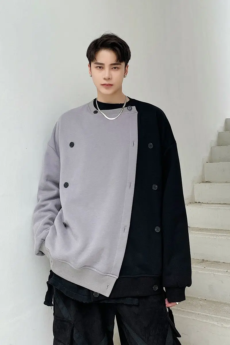 

IEFB Early Spring Niche Design Cool Dark Trend Multi Wear Round Neck Cardigan Sweatshirt Breasted Color Block Patchwork 9Y4967