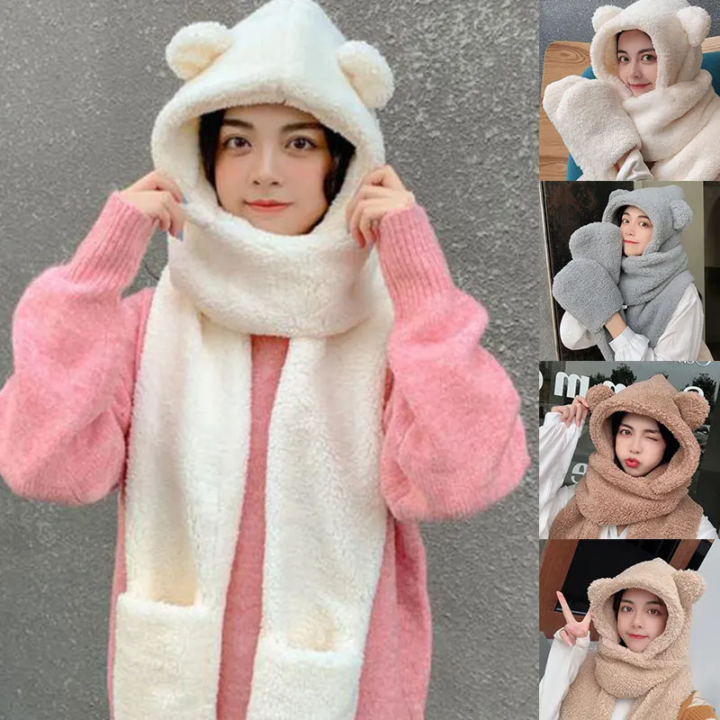 

Новинка 2021, корейский плюшевый медведь, защитная шапка для ушей, женский осенне-зимний милый плюшевый нагрудник, шарф, перчатки с капюшоном, ...