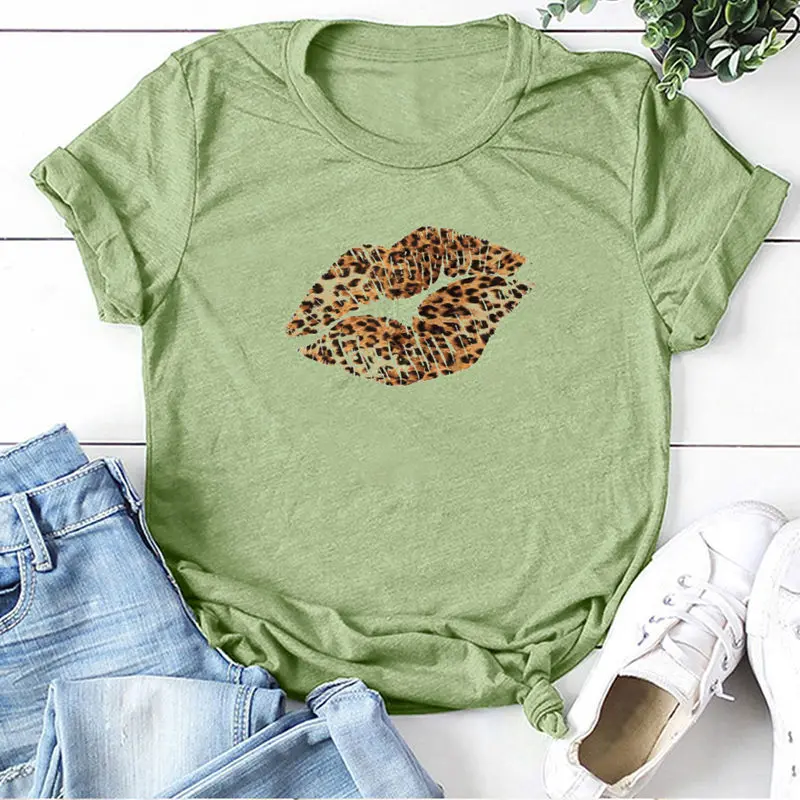 Женская Сексуальная футболка с леопардовым принтом и губ Повседневная забавная