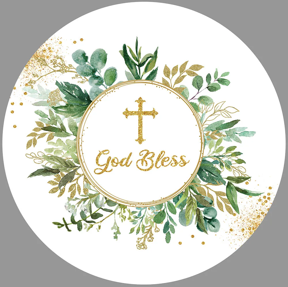 

Round Backdrops for Greenery God Bless Photography Background Baptism First Holy Communion Baby Shower Decorations Photoshoot