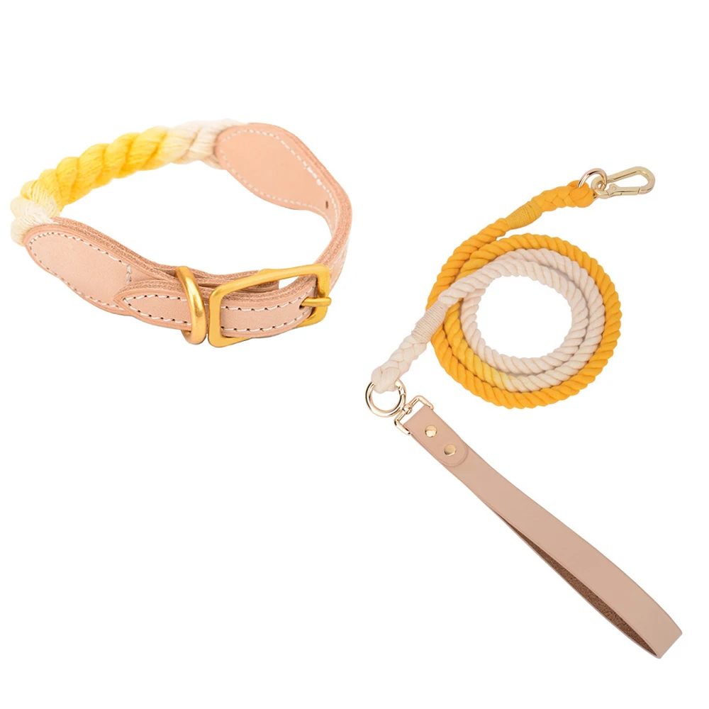 

Luxury Genuine Leather & Cotton Rope Dog Collar Leash Set for Dogs Small Medium Large Pet Adjustable Accessories