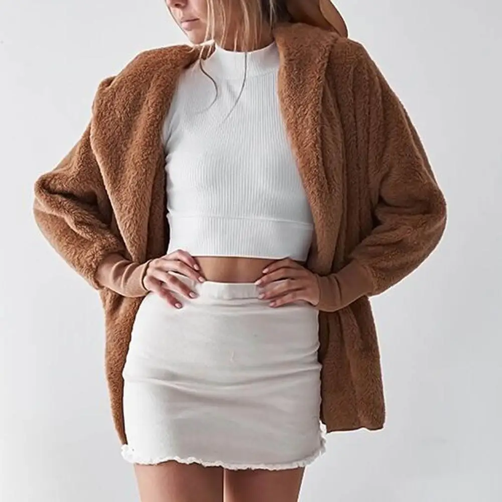 Женское пушистое плюшевое пальто с капюшоном осенне-зимняя куртка кардиган