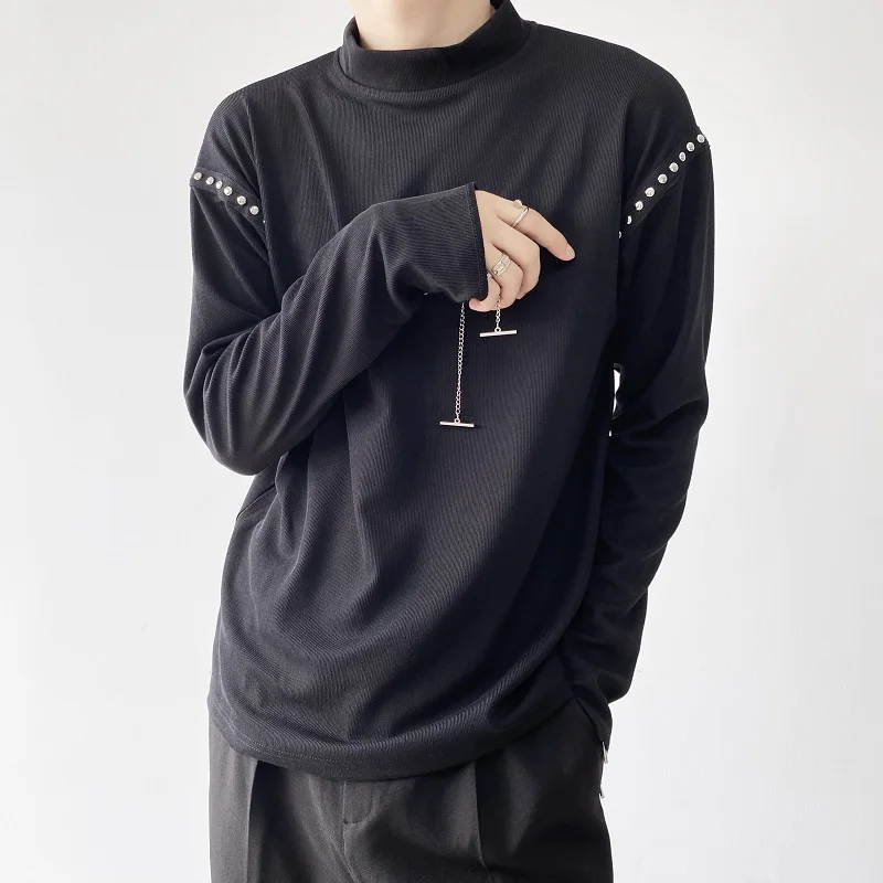 

Men White Black Chain Rivet Long Sleeve T-shirt Male Streetwear Hip Hop Punk Tees Shirts Mens Spring Autumn Tshirt Tops