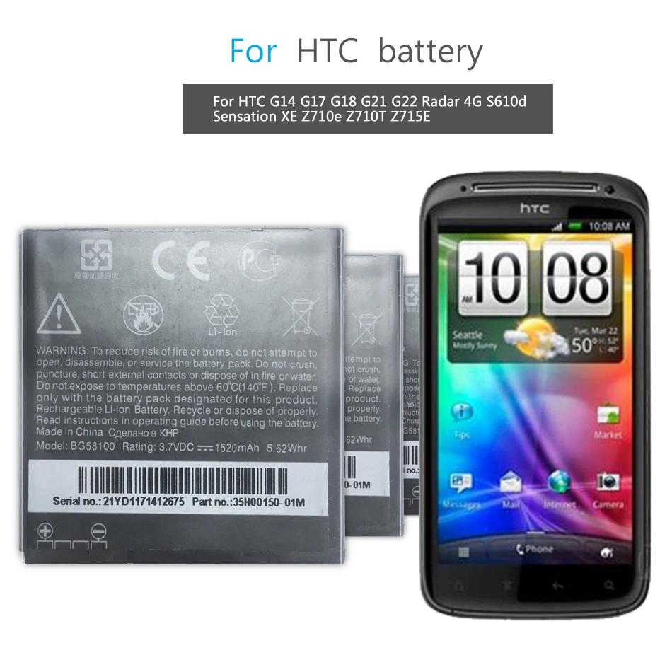 Batería de teléfono móvil BG58100 para HTC G14, G17, G18, G21, G22, Radar 4G, S610d, sensación XE, Z710e, Z710T, Z715E, 1520mAh
