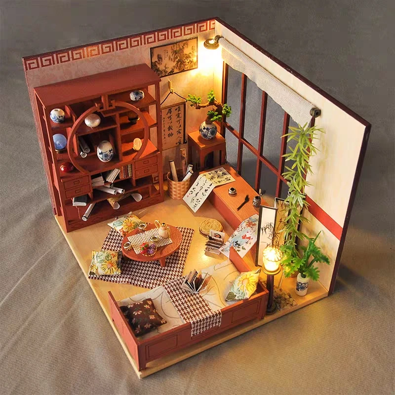 

Деревянный кукольный домик ручной работы, миниатюрные игрушки с комплектом мебели, Сборная модель, кукольные домики «сделай сам», игрушки д...