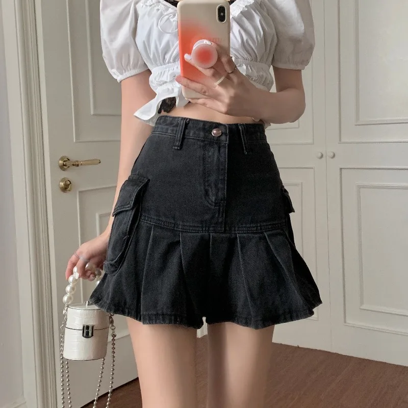 

A word bust skirt thin section in 2021, the new black female summer show thin spice pleated denim skirt of tall waist
