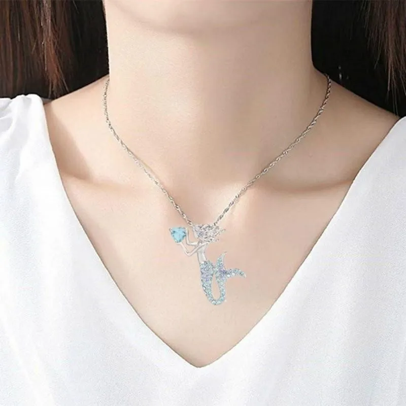 Exquisite Fashion Heart-shaped Crystal Mermaid Pendant Necklace, Four Colors, Birthday Party Anniversary Gift Butterfly Jewelry images - 6