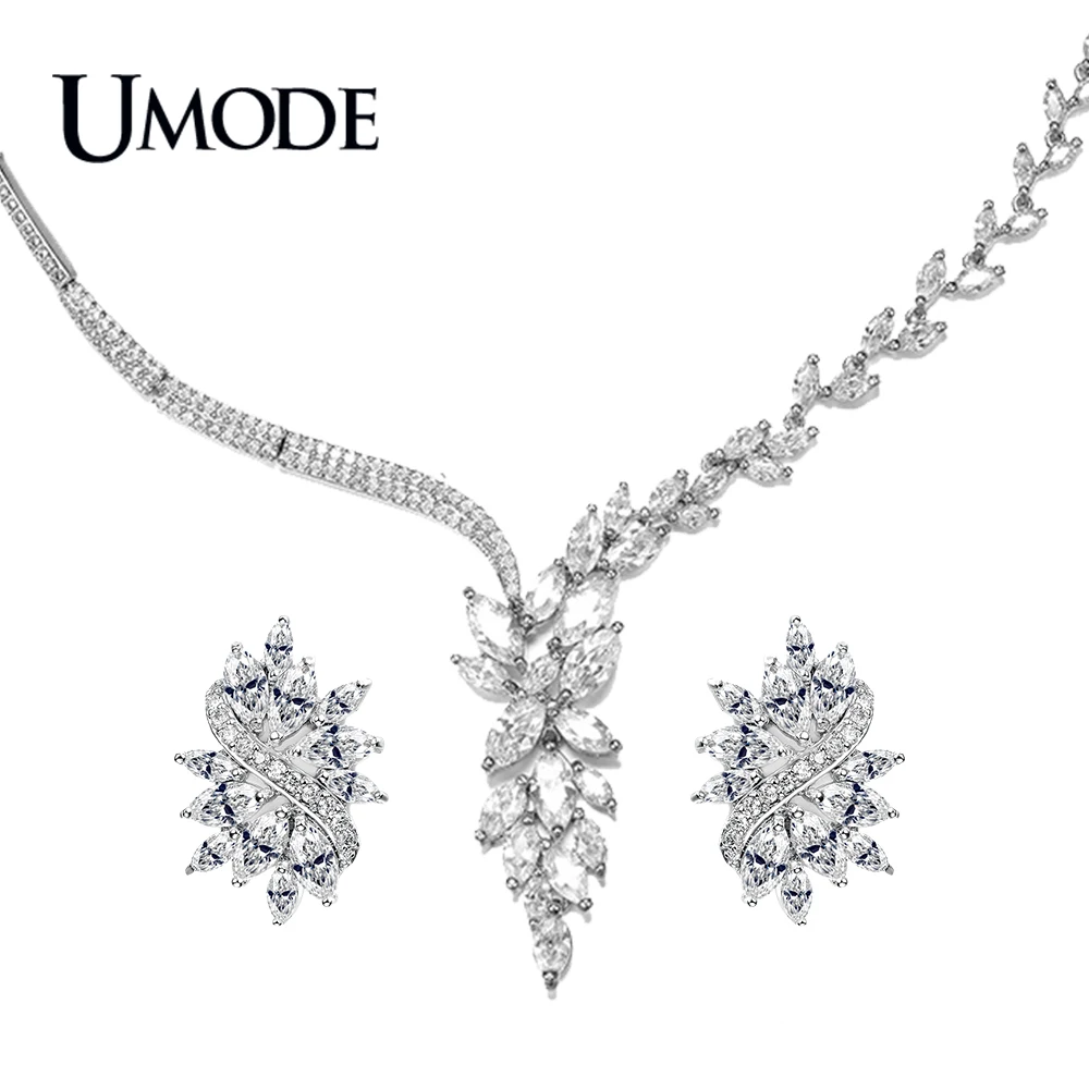 

UMODE Luxury Jewelry Sets White Gold Color Marquise Cut AAA CZ Flower Earrings & Necklace For Women Bijoux AUS0017