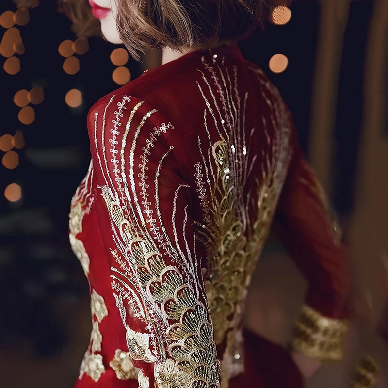 Модное женское осенне зимнее свадебное вечернее платье с длинными рукавами