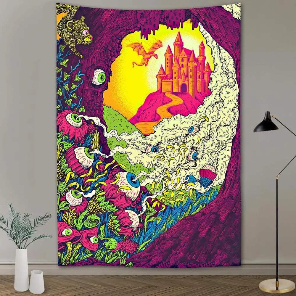 Psychedelic гобелен фантазия лес колдовство грибы гобелены зеленый Tapzi настенный дом