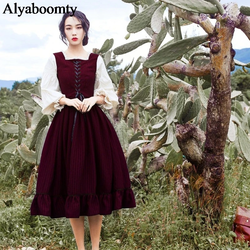 

Autumn Spring Women Long Lolita Dress Square Collar Patchwork Striped Bandage Dress Lanteren Sleeve Elegant Party Ruffles Dress