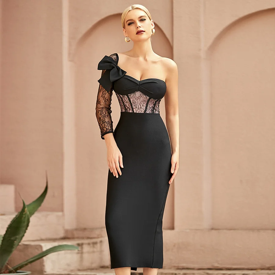 

BoozRey 2021 Nightclub Sexy Waist Waist Black Wrapped Chest Long Skirt Slimming Dress One-shoulder Single-sleeved Bandage Dress