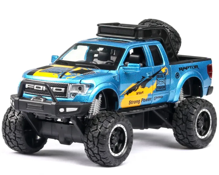 Blue Новинка, игрушечный грузовик, 1:32, большая модель, игрушечный автомобиль для F150 Raptor, звуковой светильник, раздвижной автомобиль с мотоциклом для детей, игрушки, подарки - Цвет: Blue