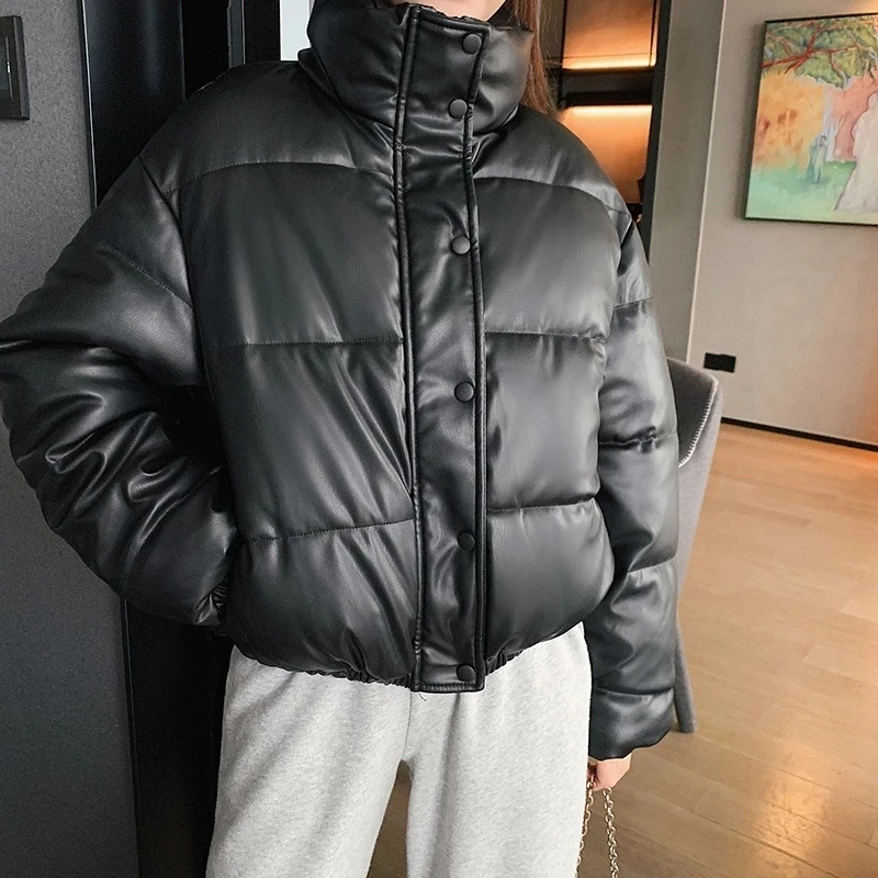 

Winter Women's Down Jacket Warm Short Black Pu Leather Down Coat Female Stand Collar Zipper Puffer Jacket Casual Outwear 2021