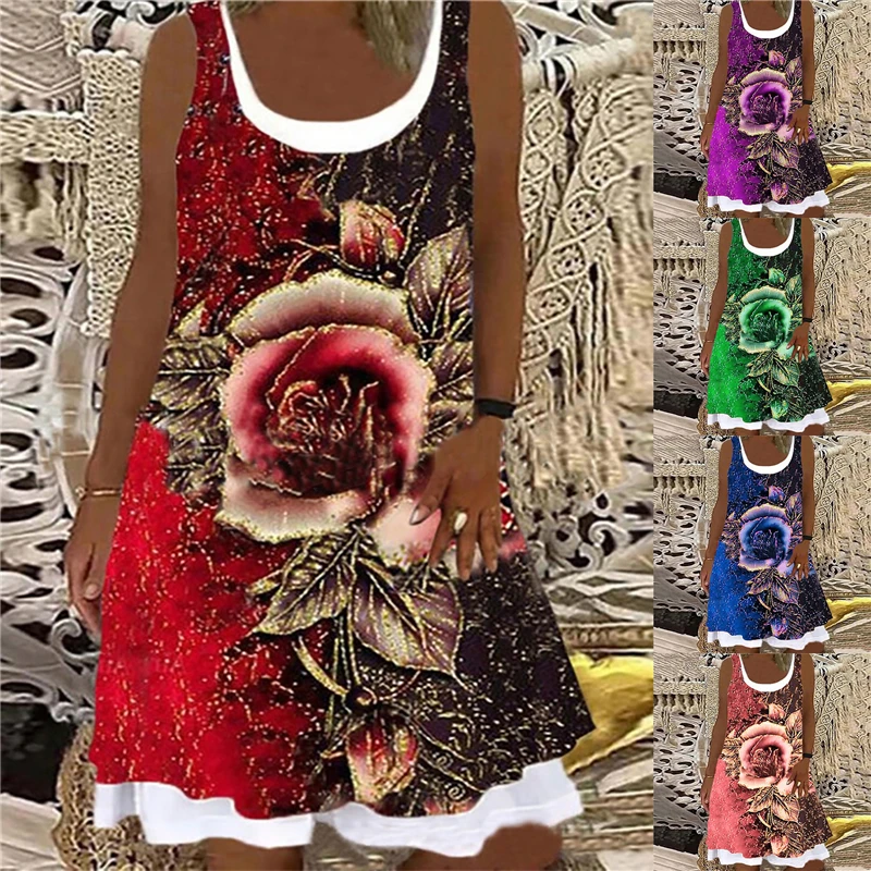 

Summer Rose Floral Print Dress Women Sleeveless Fake Two Piece Loose Casual Dresses 2XL New Fashion Splicing Boho Dress Femme