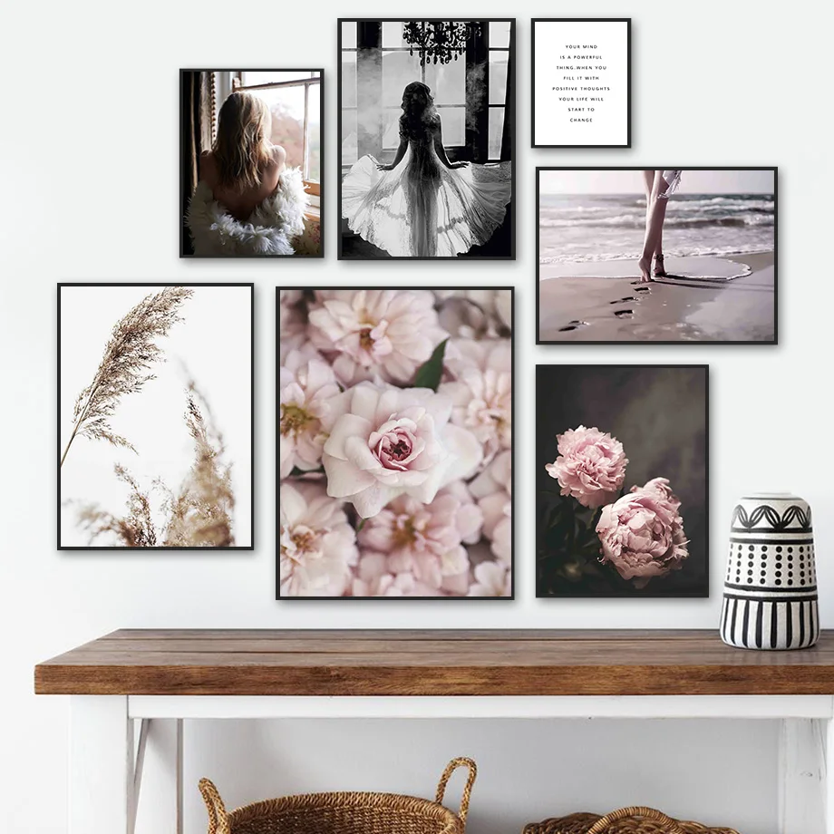 

Pink Rose Flower Peony Reed Girl Sand Sea Wall Art Canvas Painting Nordic Posters And Prints Wall Pictures For Living Room Decor